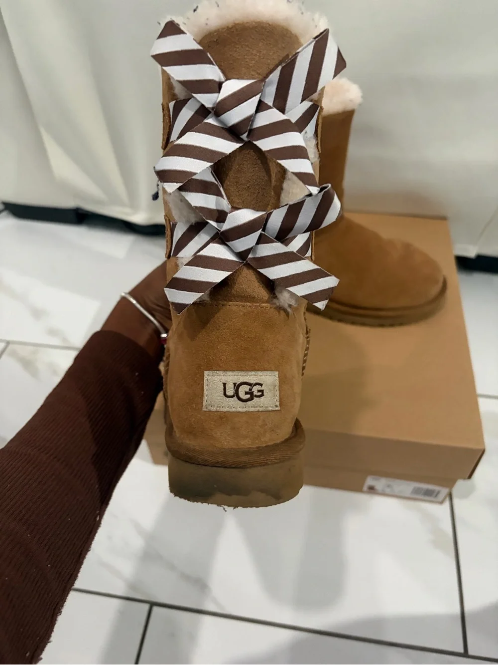 UGG Chestnut Suede Shearling Mid-Calf Boots with Ribbon Back